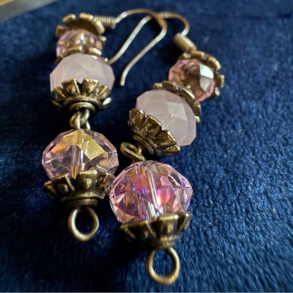 VINTAGE-INSPIRED DANGLE EARRINGS – STERLING HOOKS & PINK FACETED BEADS - Picture 6 of 17